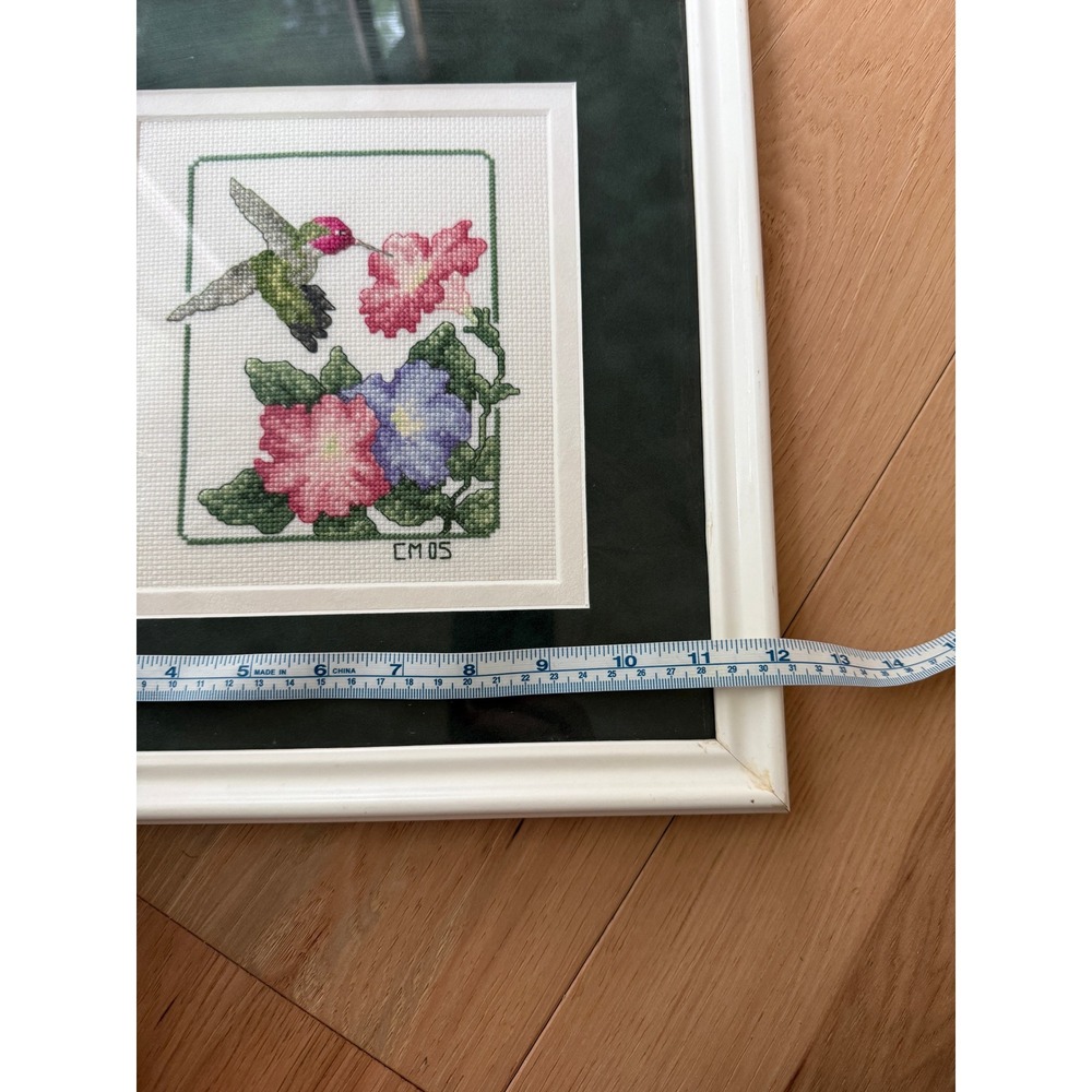 Handmade Framed Hummingbird Cross Stitch Art 12x13 White Green Floral 2005 - Picture 6 of 8